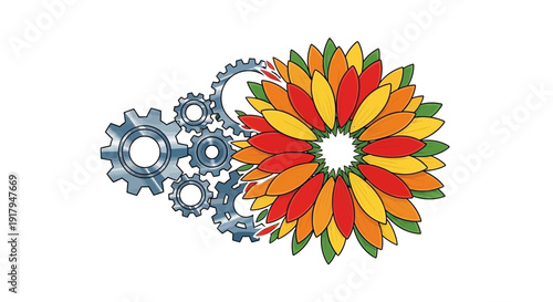 Gears Transforming into a Colorful Flower