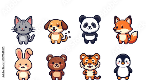 A collection of cute, cartoonish animals including a cat, dog, panda, fox, rabbit, bear, tiger, and penguin