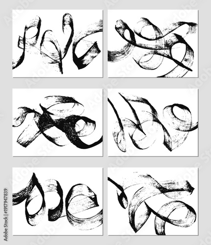 Set of vector abstract backgrounds. Black ink brush strokes, patterns, posters, cover.