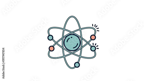Stylized, cartoon-like representation of an atom, with orbiting particles
