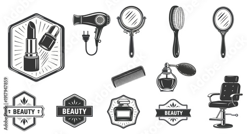 A monochrome illustration featuring beauty tools like lipstick, combs, mirrors, and hairdryer icons