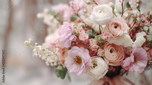 Spring wedding bouquet with fresh pastel flowers, light and airy composition, romantic bridal mood