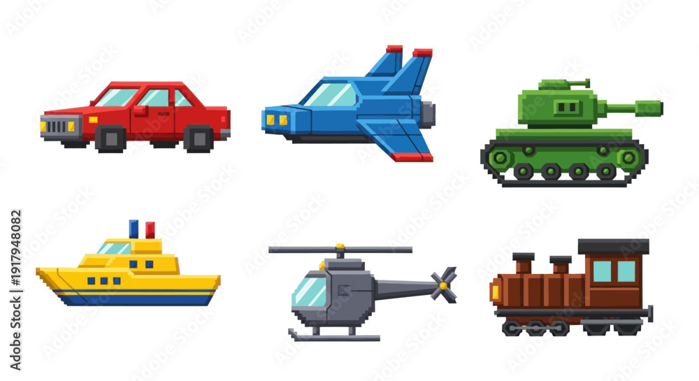 Fototapeta premium A collection of six whimsical pixel-art vehicles, including a car, spaceship, tank, boat, helicopter, and train