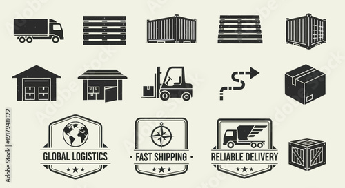 A collection of logistics-themed icons including trucks, containers, warehouses, and delivery badges