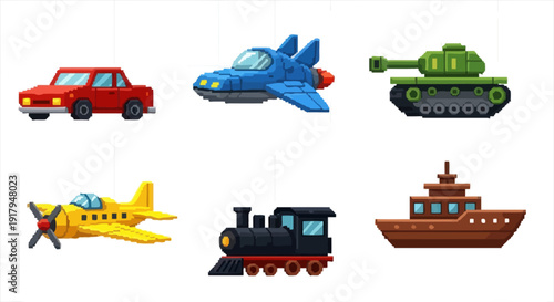 A colorful collection of vehicles including a car, plane, tank, spaceship, train, and boat