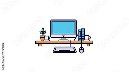 A flat-design desk with a monitor, plant, keyboard, mouse, coffee cup and binders