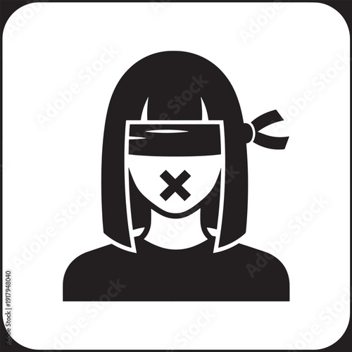 Woman with blindfold and tape over mouth icon symbol
