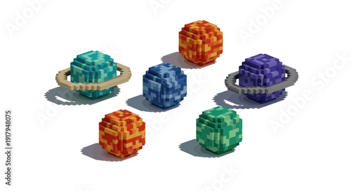A collection of six colorful, pixel-art style gemstones in various shapes, surrounded by shadows