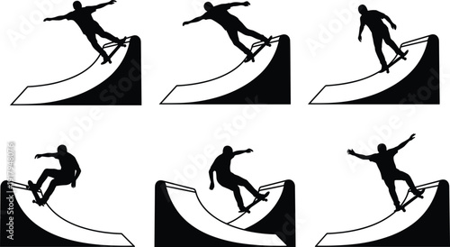 Skateboarder Silhouette Set Performing Ramp Tricks and Slides in Extreme Skatepark Action Scenes