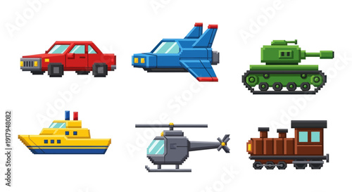 A collection of six whimsical pixel-art vehicles, including a car, spaceship, tank, boat, helicopter, and train