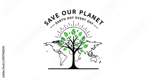 Environmental conservation icon featuring a tree with green leaves and a world map, symbolizing Earth Day and sustainability.