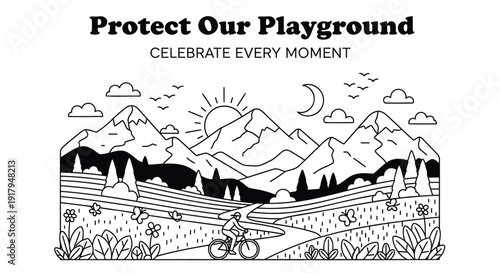 Outdoor recreation vector illustration, Protect Our Playground theme with mountain landscape, cyclist, and nature elements. Created in line art style with black and white color palette.
