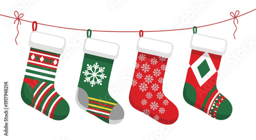 Four festive Christmas stockings hang on a red string. They feature green and red patterns with snowflakes and geometric designs, evoking a joyful holiday spirit.