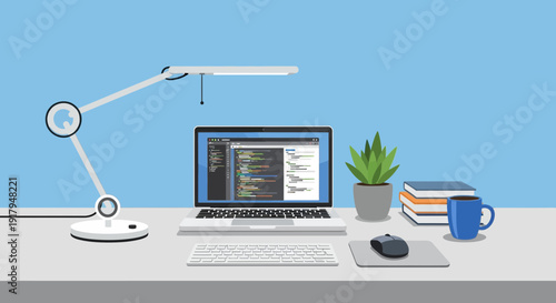 Modern Workspace with Laptop, Desk Lamp, Plant, and Books