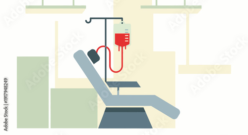 Medical infusion chair with blood bag in bright room