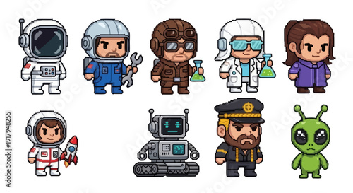 A collection of pixel-art characters including astronauts, scientists, an alien, and a robot