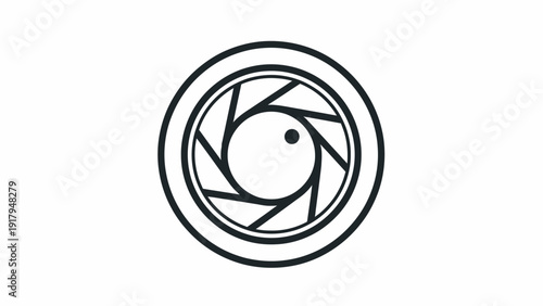 A stylized camera lens aperture graphic.  Black lines define the image on a white background