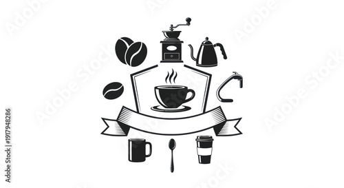 A stylized coffee-themed design featuring a cup, grinder, kettle, and coffee beans with a ribbon