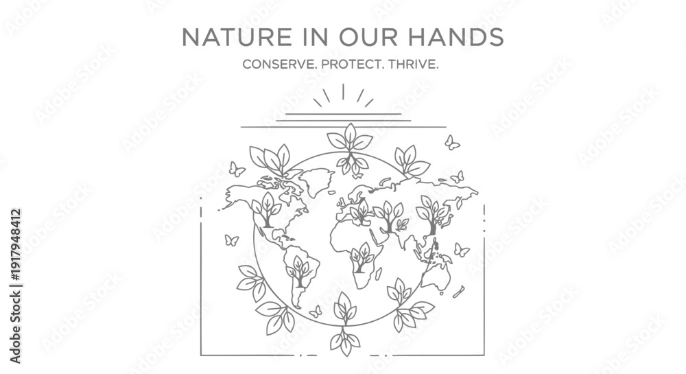 Fototapeta premium Earth conservation icon with flowers and leaves, symbolizing protect and thrive, in a line art style with a minimalist design.