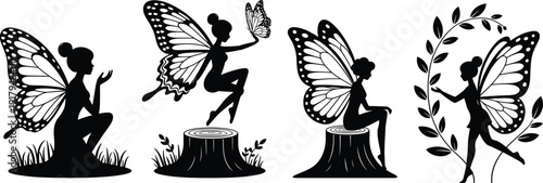 Vector illustration of fairy silhouette collection—symbols for fantasy, magic, wings, nature, elegance, dance, enchantment, imagination, folklore, and artistic representation