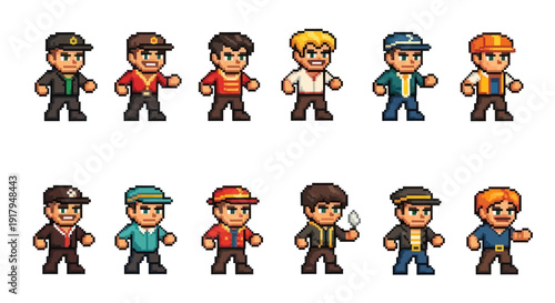 A collection of pixel art characters in various outfits showcasing diverse styles and expressions
