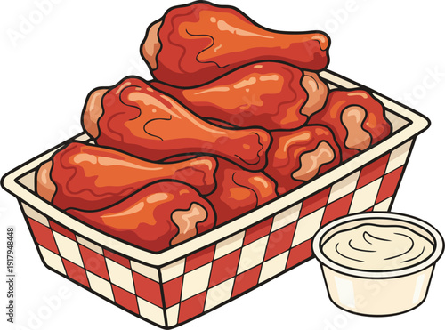 Buffalo Chicken Wings in Checkered Takeout Basket with Dipping Sauce — Spicy Fried Wings Cartoon Vector Illustration