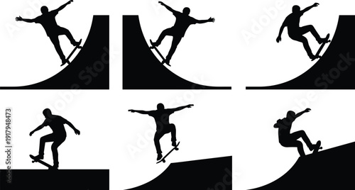 Skateboarder Silhouette Collection Performing Ramp Tricks, Jumps and Grinds in Skatepark Extreme Sports Action ScenesSkateboarder Silhouette Collection Performing Ramp Tricks, Jumps