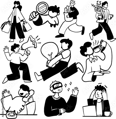 Line art illustration of people engaged in various modern activities