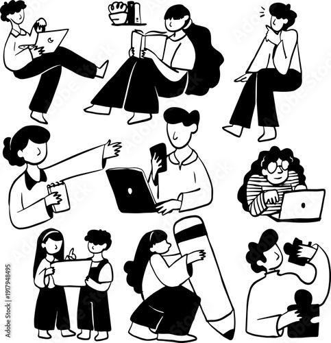 Black and white doodle illustration of diverse people working and collaborating