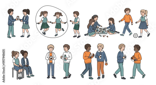 A collection of children and teenagers participating in various school break activities and social interactions
