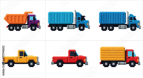 A collection of six pixel art trucks in various colors, showcasing diverse designs and functions