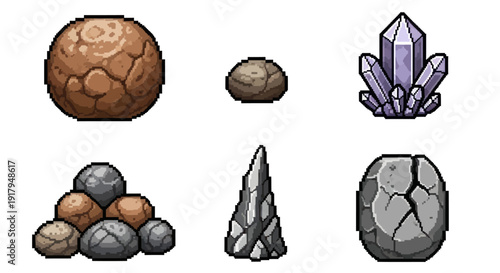 A pixelated collection of rocks and crystals, showcasing variety in shapes and colors
