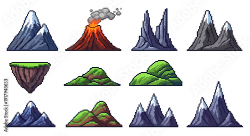 A pixel art collection showcasing diverse mountains, including snowy peaks, a volcano, and green hills