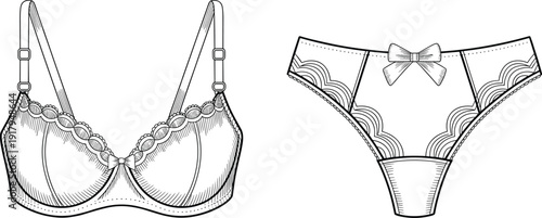 Vector illustration of lingerie silhouette collection—symbols for women’s fashion, underwear, bra, panties, elegance, beauty, style, accessories, intimate wear, and artistic representation