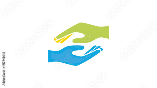 Two stylized hands, one green, one blue, form a gesture of support on a white background