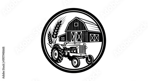 A vintage-style illustration featuring a tractor in front of a barn, framed with wheat stalks