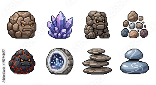 A collection of pixel art stones and crystals, featuring various shapes, colors, and expressions