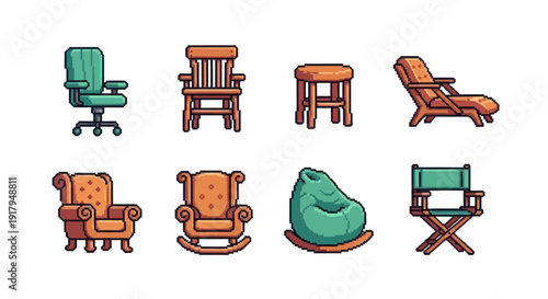 A colorful arrangement of various chairs in a pixel art style, showcasing different designs and shapes
