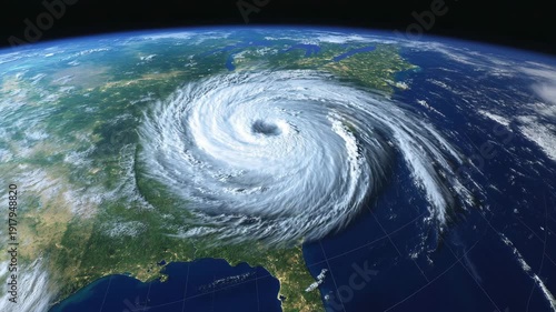 Satellite view of hurricane swirling over north america coast with massive storm eye and clouds moving slowly