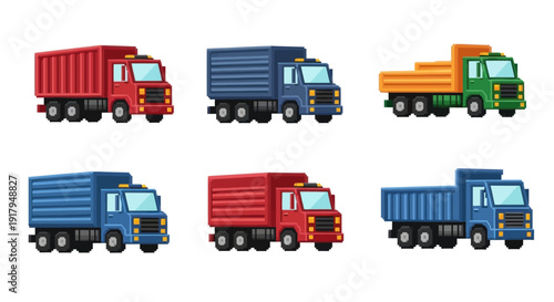 A collection of six colorful trucks in pixel art style, showcasing different shapes and functions