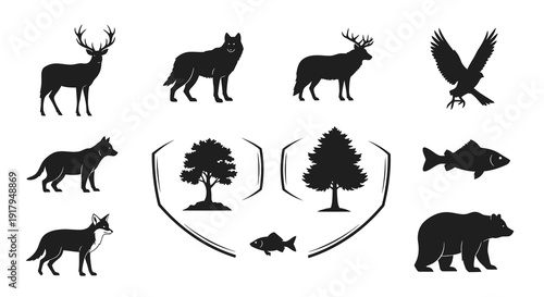 A collection of black silhouettes illustrating various wildlife, including deer, wolves, and trees