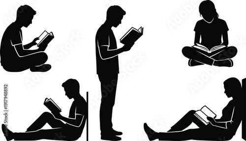 Reading People Silhouette Collection with Students and Adults Sitting, Standing and Studying Books for Education and Knowledge ConceptReading People Silhouette Collection with Students and