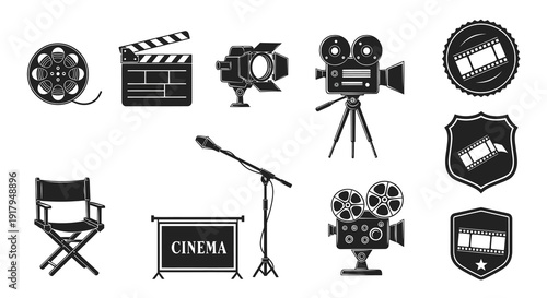 A collection of vintage film equipment icons including cameras, clapperboards, and director's chair