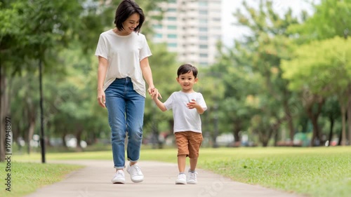 Happy Mother Walking Hand in Hand with Young Son Through Sunny Park in Heartwarming Mother’s Day Video
