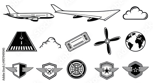 A collection of aviation-related icons including airplanes, runways, clouds, tickets, and globes