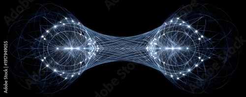 Symmetrical 3D geometric lattice lines glowing with gray and blue gradient tones on black background