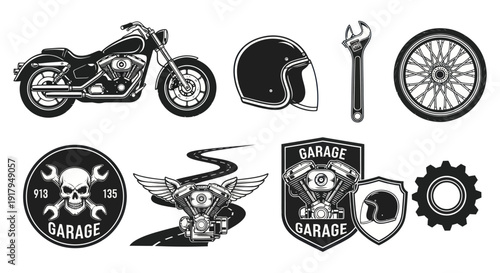 A collection of motorcycle-themed graphics including a bike, helmet, tools, and garage emblems