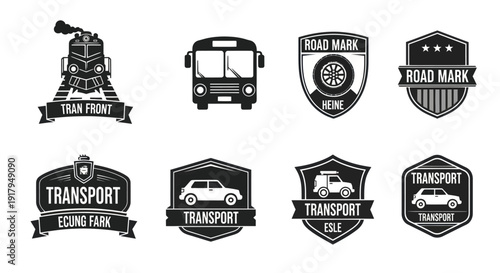 A collection of transport-themed black and white badges featuring vehicles like trains and buses