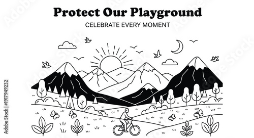 Outdoor recreation vector illustration, Protect Our Playground theme with mountain landscape, bicycle rider, and nature elements. Created in line art style with black and white color palette.