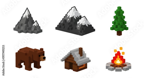 A pixelated wilderness scene featuring mountains, pine tree, bear, cabin, and campfire